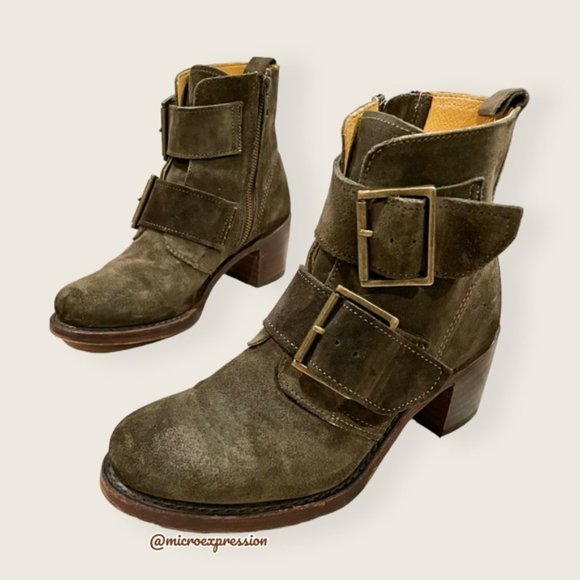 $399 Frye Sabrina Double Buckle Academia Green Suede Leather Moto Ankle Booties - Picture 9 of 15